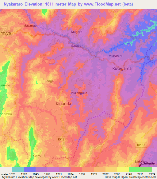 Nyakararo,Burundi Elevation Map
