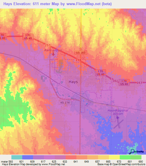 Hays,US Elevation Map