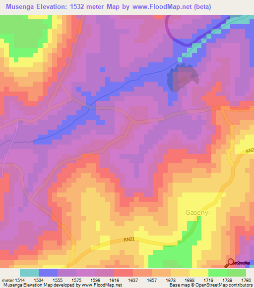 Musenga,Burundi Elevation Map