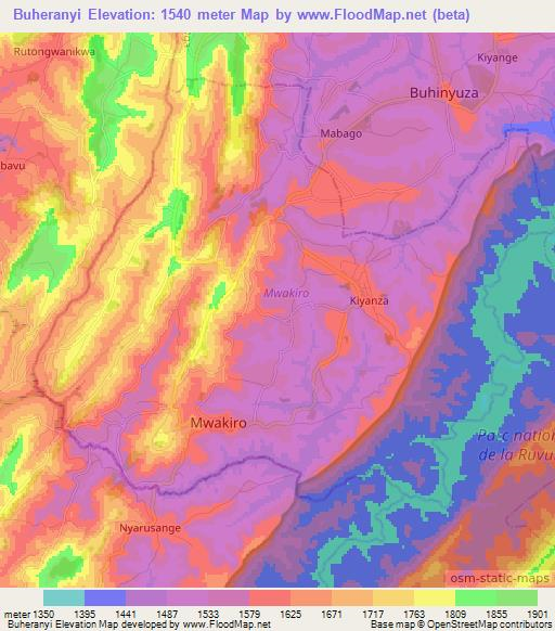 Buheranyi,Burundi Elevation Map