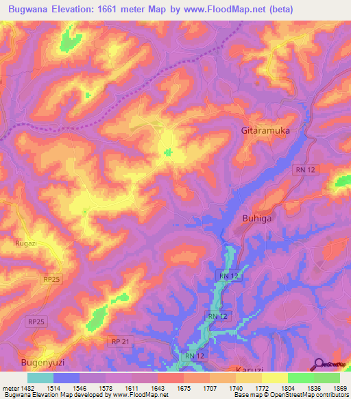 Bugwana,Burundi Elevation Map