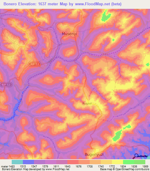 Bonero,Burundi Elevation Map