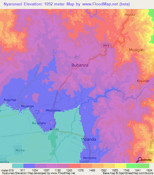 Nyarunazi,Burundi Elevation Map