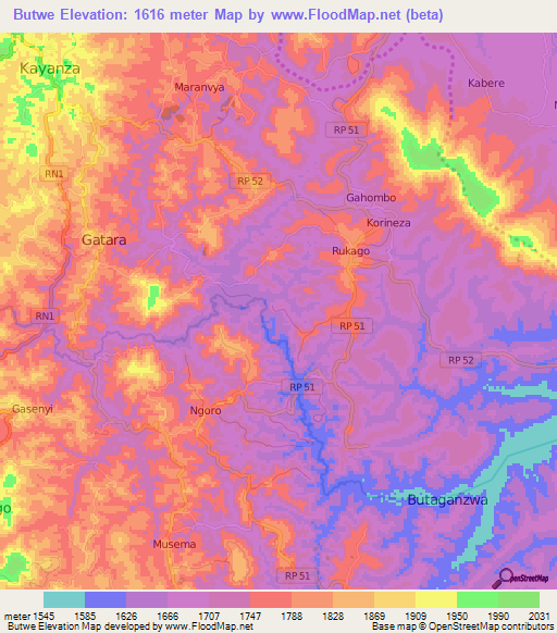 Butwe,Burundi Elevation Map
