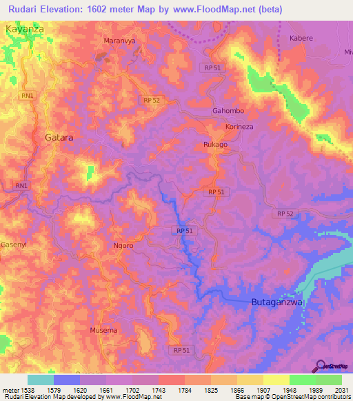 Rudari,Burundi Elevation Map