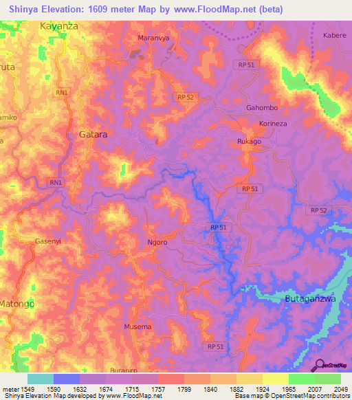 Shinya,Burundi Elevation Map