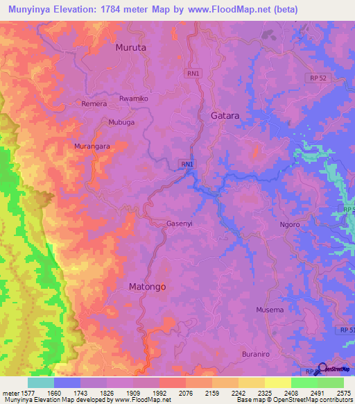 Munyinya,Burundi Elevation Map