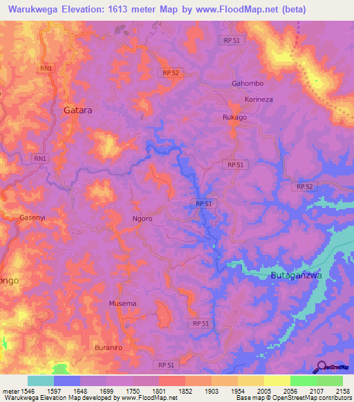 Warukwega,Burundi Elevation Map