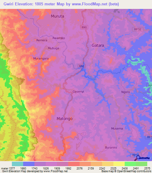 Gwiri,Burundi Elevation Map