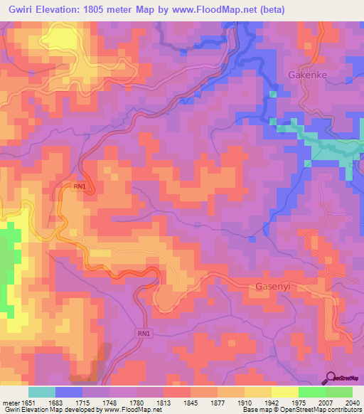 Gwiri,Burundi Elevation Map