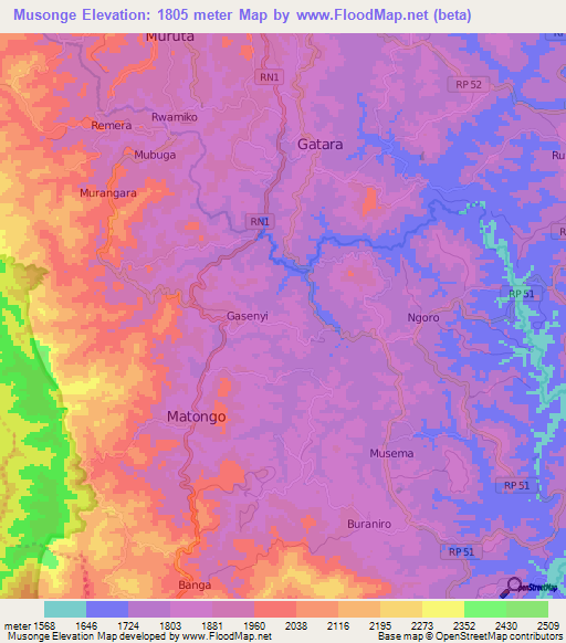 Musonge,Burundi Elevation Map