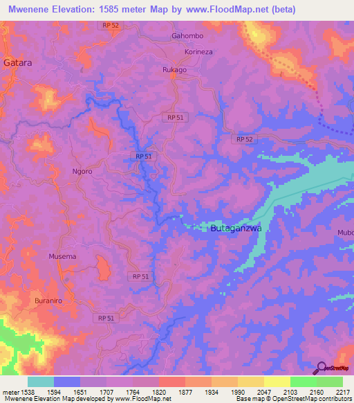 Mwenene,Burundi Elevation Map