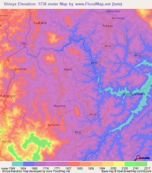 Shinya,Burundi Elevation Map