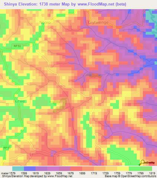 Shinya,Burundi Elevation Map