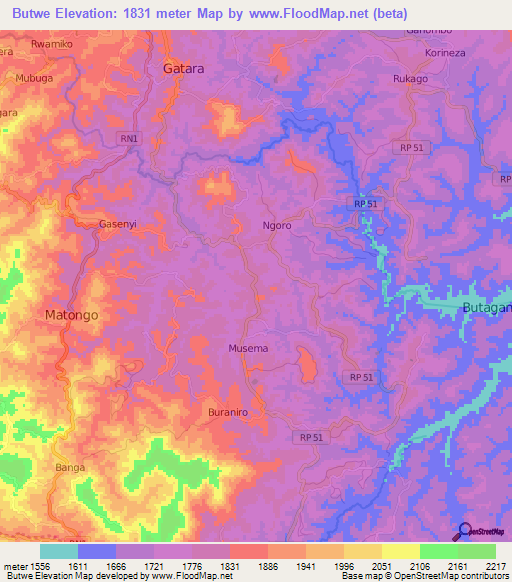 Butwe,Burundi Elevation Map