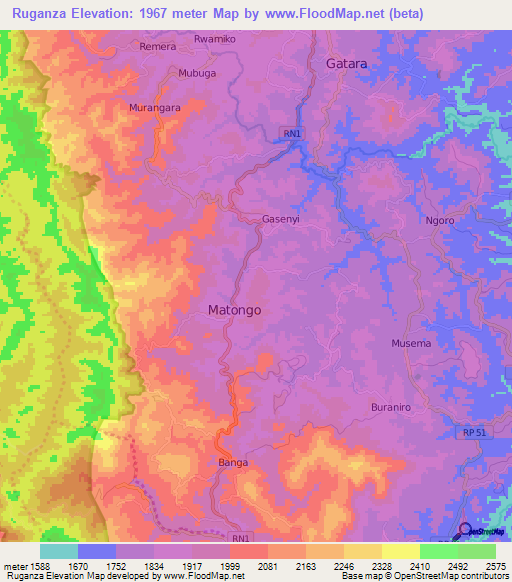 Ruganza,Burundi Elevation Map