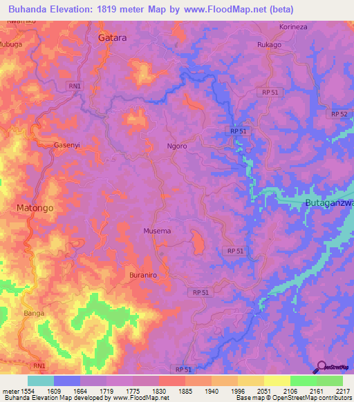 Buhanda,Burundi Elevation Map