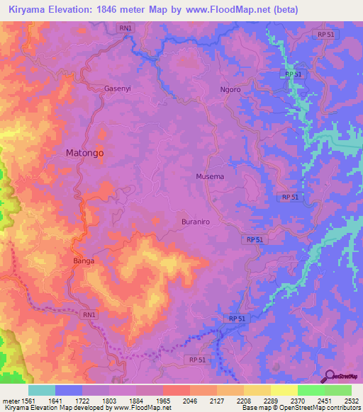 Kiryama,Burundi Elevation Map