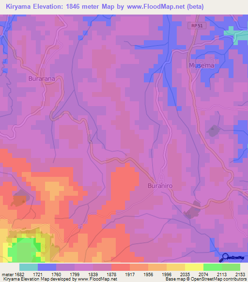Kiryama,Burundi Elevation Map