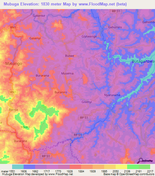 Mubuga,Burundi Elevation Map