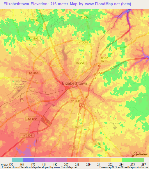 Elizabethtown,US Elevation Map