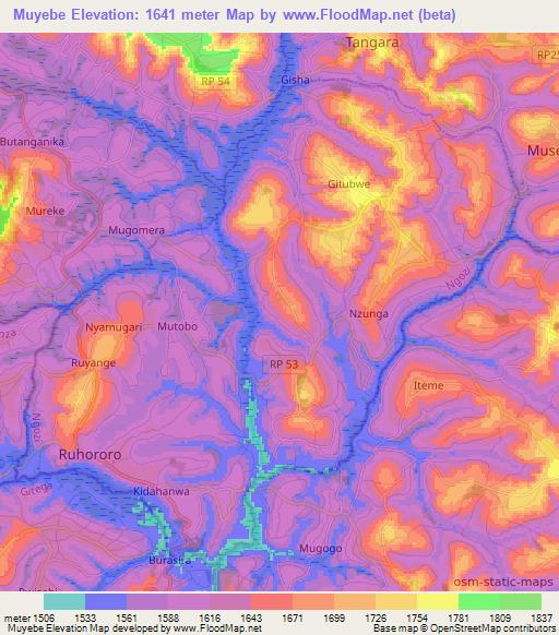 Muyebe,Burundi Elevation Map