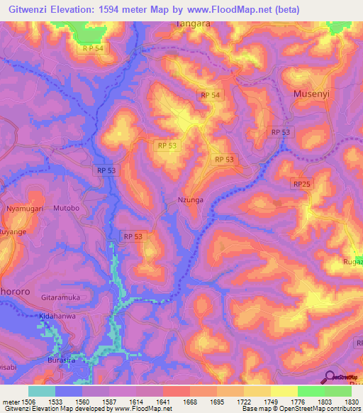 Gitwenzi,Burundi Elevation Map