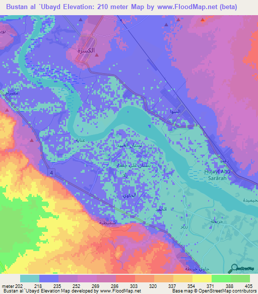 Bustan al `Ubayd,Syria Elevation Map