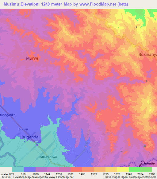 Muzimu,Burundi Elevation Map
