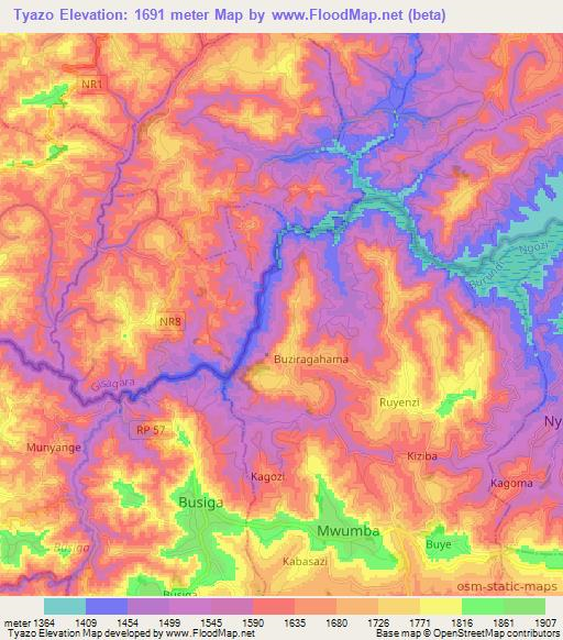 Tyazo,Burundi Elevation Map