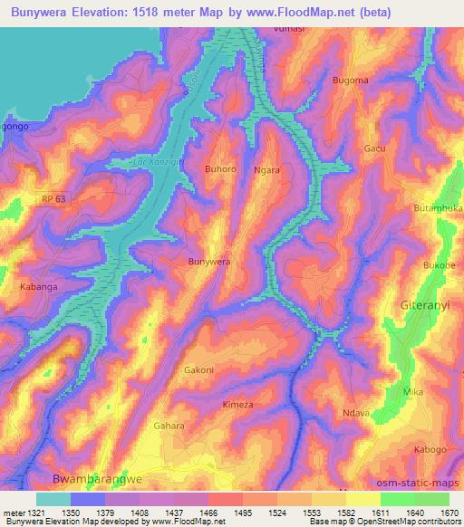 Bunywera,Burundi Elevation Map