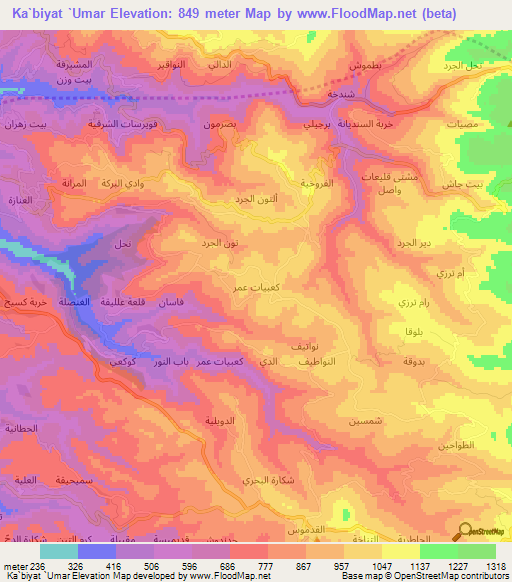 Ka`biyat `Umar,Syria Elevation Map