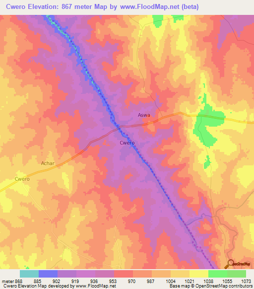 Cwero,Uganda Elevation Map
