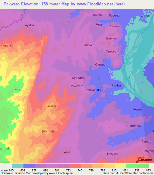 Pakwero,Uganda Elevation Map