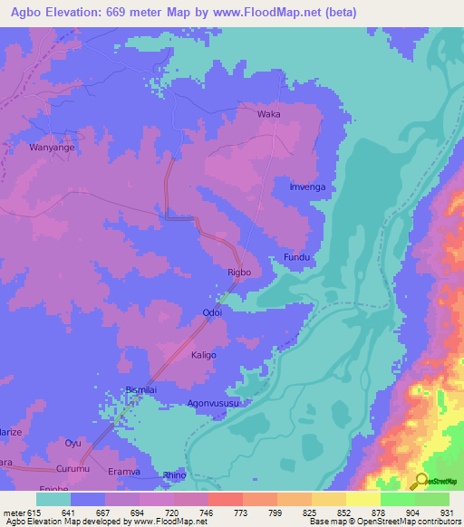 Agbo,Uganda Elevation Map