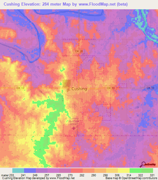 Cushing,US Elevation Map