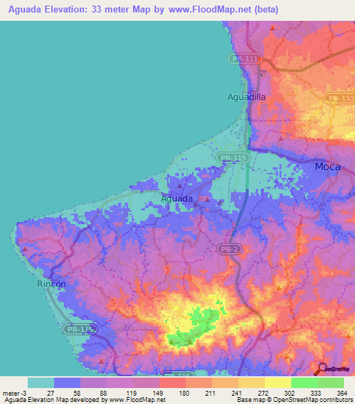 Aguada,Puerto Rico Elevation Map