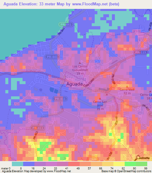 Aguada,Puerto Rico Elevation Map
