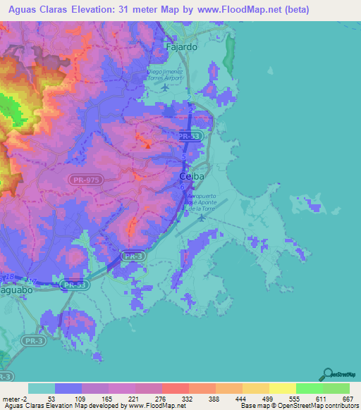 Aguas Claras,Puerto Rico Elevation Map