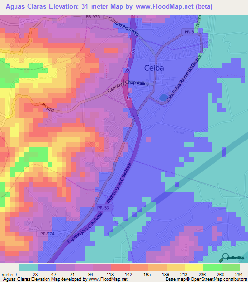 Aguas Claras,Puerto Rico Elevation Map