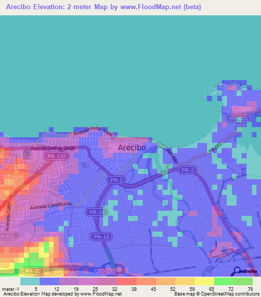 Arecibo,Puerto Rico Elevation Map