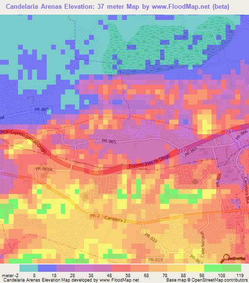 Candelaria Arenas,Puerto Rico Elevation Map