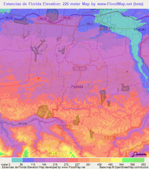 Estancias de Florida,Puerto Rico Elevation Map