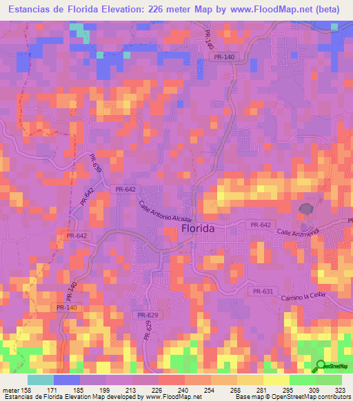 Estancias de Florida,Puerto Rico Elevation Map