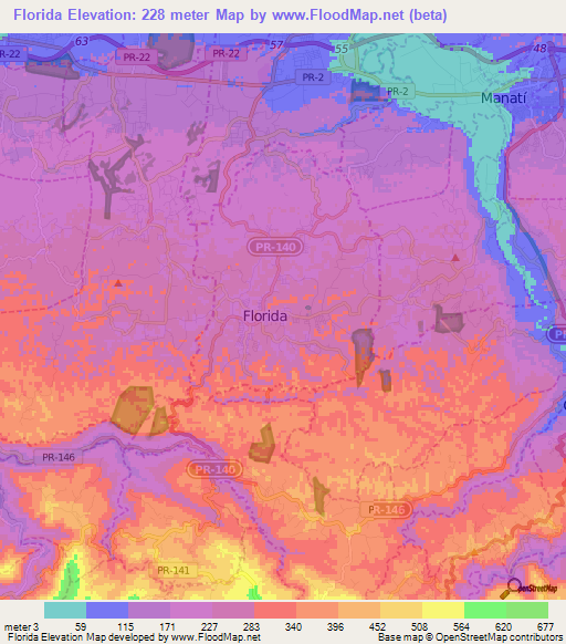 Florida,Puerto Rico Elevation Map