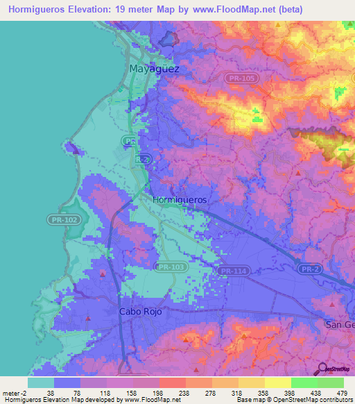 Hormigueros,Puerto Rico Elevation Map