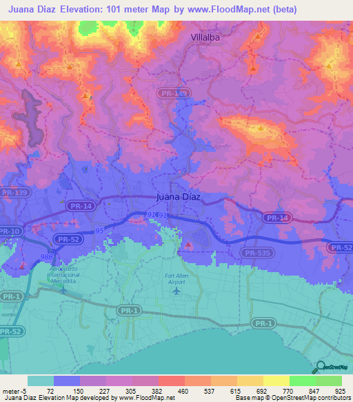 Juana Diaz,Puerto Rico Elevation Map