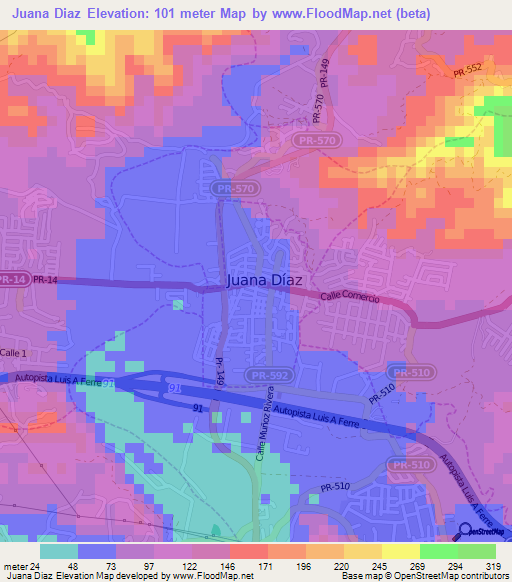 Juana Diaz,Puerto Rico Elevation Map