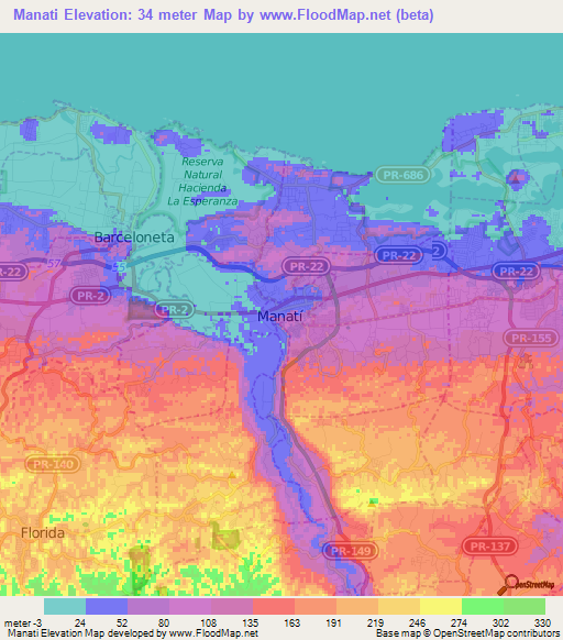 Manati,Puerto Rico Elevation Map