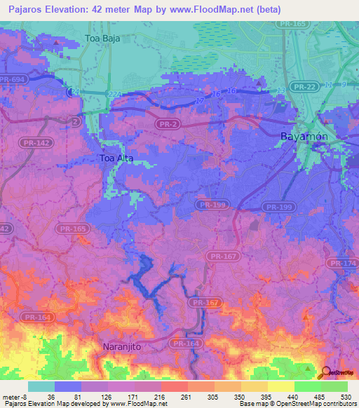 Pajaros,Puerto Rico Elevation Map